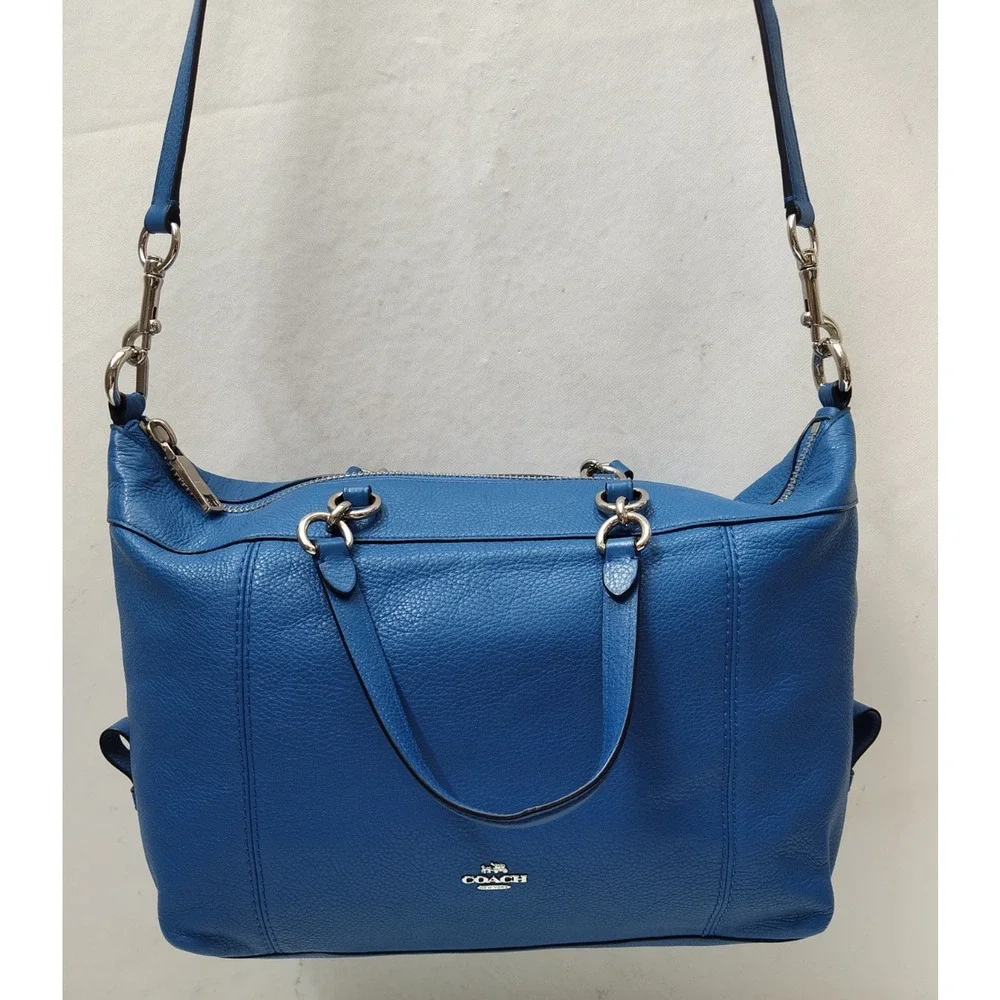 Coach Blue Leather Double Handles Zipper Closure Satchel Shoulder Bag
